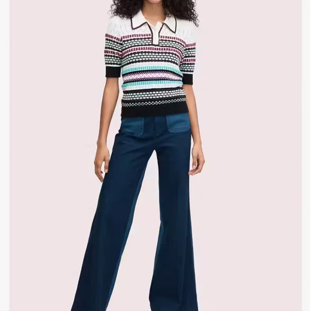kate spade Multicolor Striped Knit Polo Sweater - White, Black, Pink, Teal, Navy
